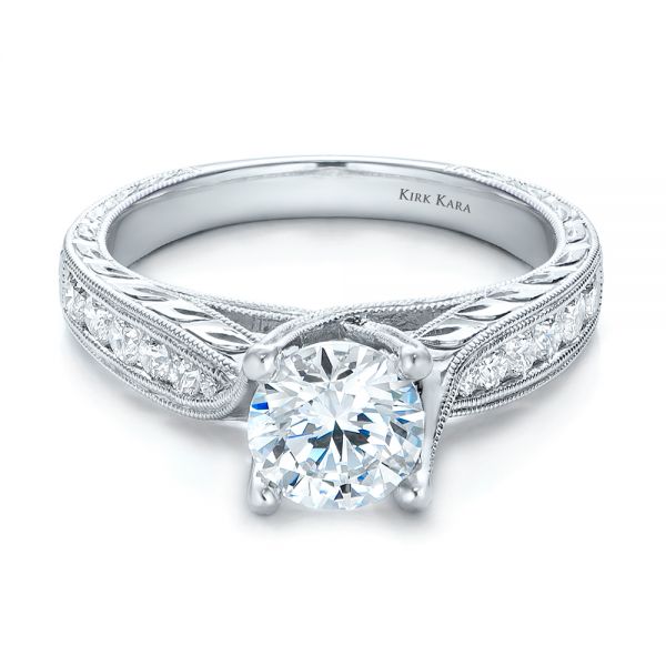 Diamond And Hand Engraved Engagement Ring With Matching Wedding Band - Kirk Kara - Flat View -  1274