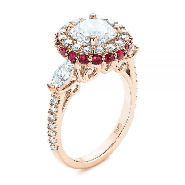 18k Rose Gold 18k Rose Gold Diamond And Ruby Halo Engagement Ring - Three-Quarter View -  105160