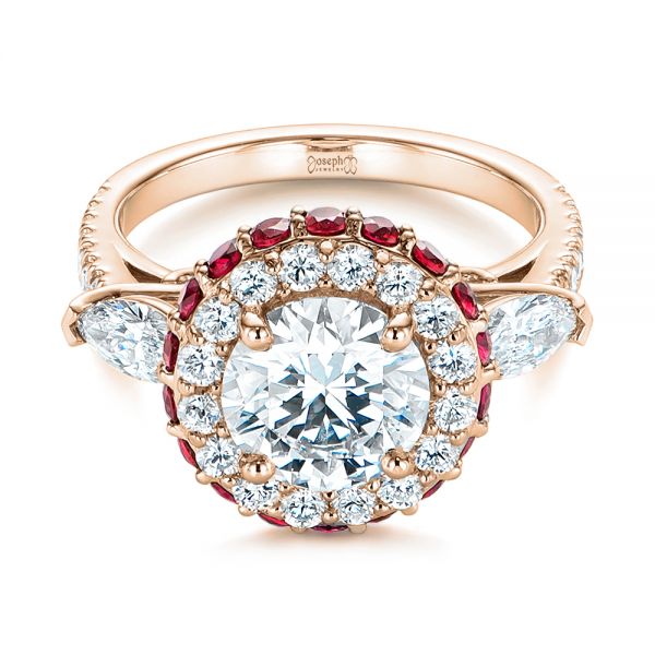 14k Rose Gold 14k Rose Gold Diamond And Ruby Halo Engagement Ring - Flat View -  105160
