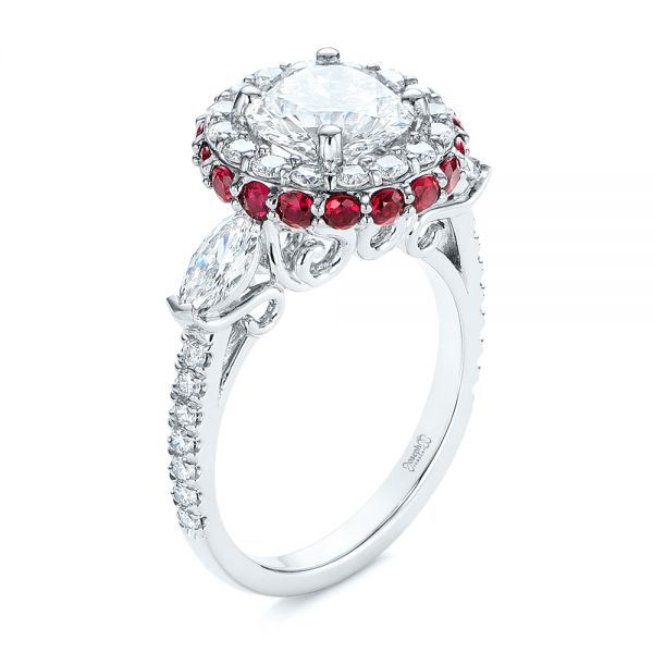  Platinum Diamond And Ruby Halo Engagement Ring - Three-Quarter View -  105160