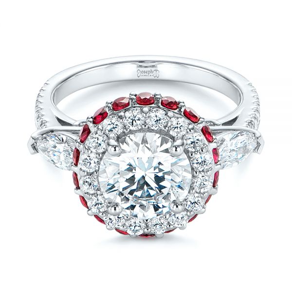 18k White Gold 18k White Gold Diamond And Ruby Halo Engagement Ring - Flat View -  105160