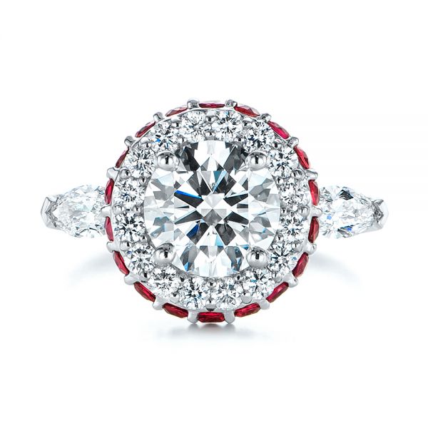 14k White Gold 14k White Gold Diamond And Ruby Halo Engagement Ring - Top View -  105160