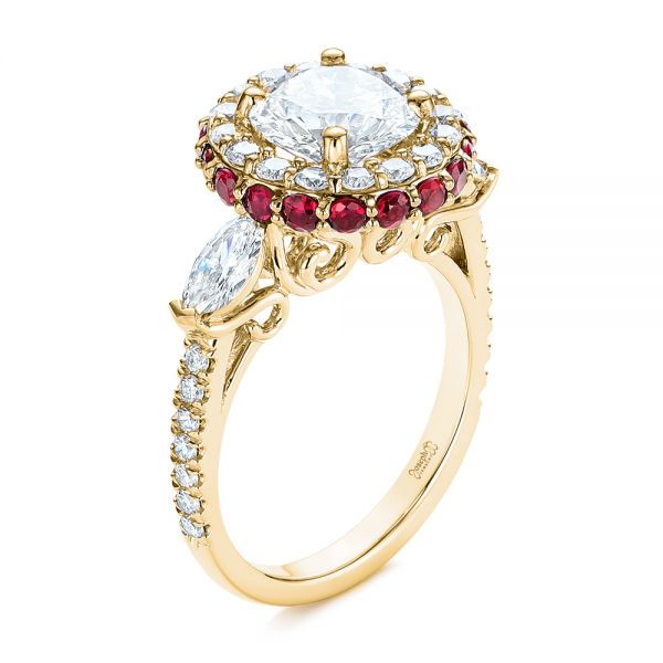 18k Yellow Gold 18k Yellow Gold Diamond And Ruby Halo Engagement Ring - Three-Quarter View -  105160