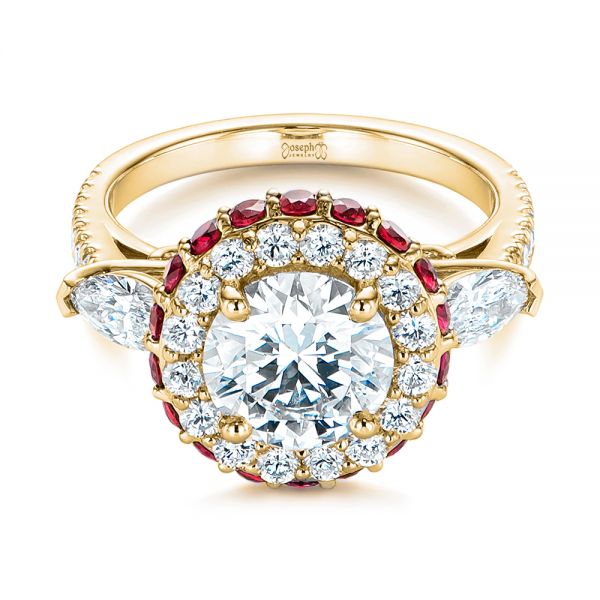 14k Yellow Gold 14k Yellow Gold Diamond And Ruby Halo Engagement Ring - Flat View -  105160