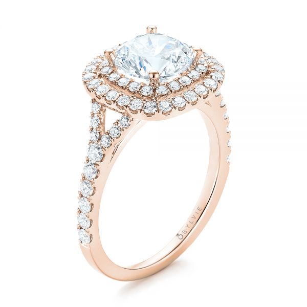 14k Rose Gold 14k Rose Gold Double Halo Diamond Engagement Ring - Three-Quarter View - 103061