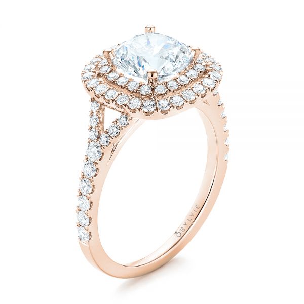 18k Rose Gold 18k Rose Gold Double Halo Diamond Engagement Ring - Three-Quarter View -  103061