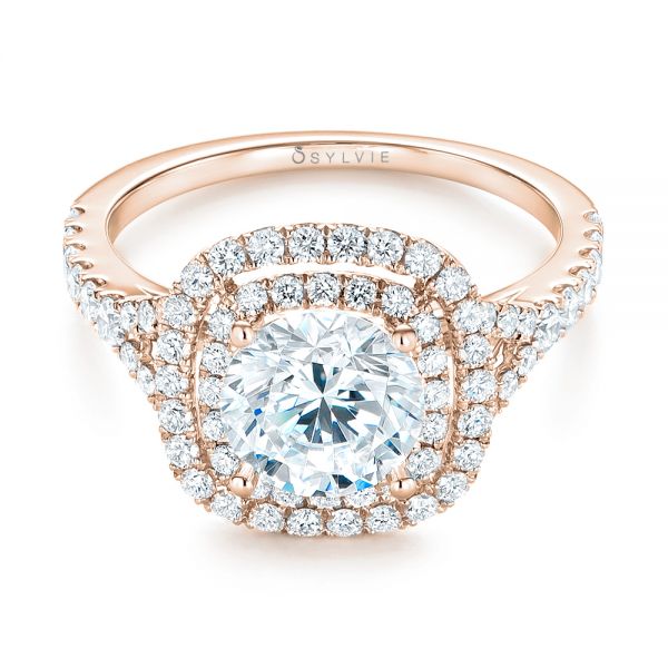 18k Rose Gold 18k Rose Gold Double Halo Diamond Engagement Ring - Flat View -  103061