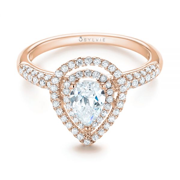 18k Rose Gold 18k Rose Gold Double Halo Diamond Engagement Ring - Flat View - 103091