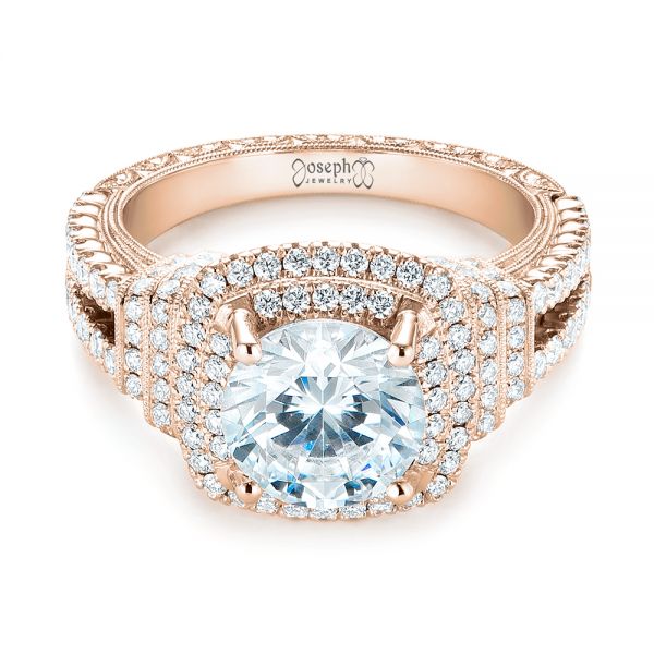 18k Rose Gold 18k Rose Gold Double Halo Diamond Engagement Ring - Flat View -  103712