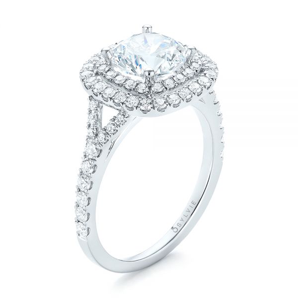 18k White Gold Double Halo Diamond Engagement Ring - Three-Quarter View -  103061