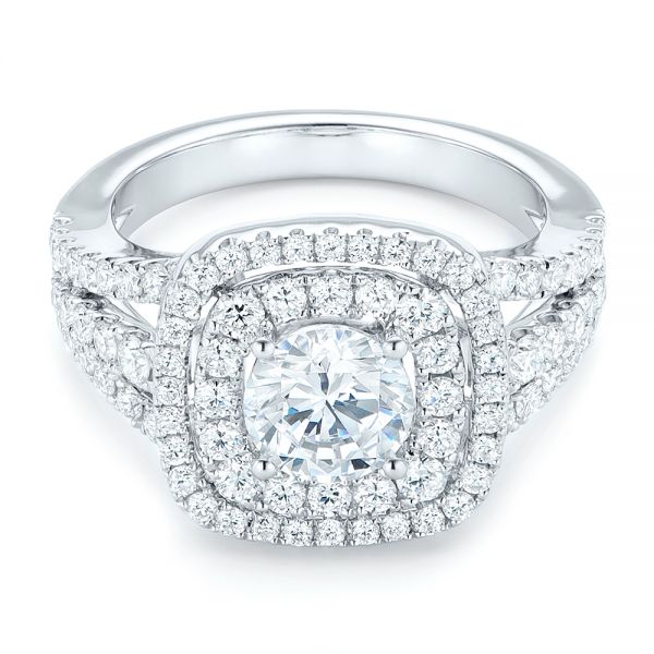 14k White Gold Double Halo Diamond Engagement Ring - Flat View -  102487