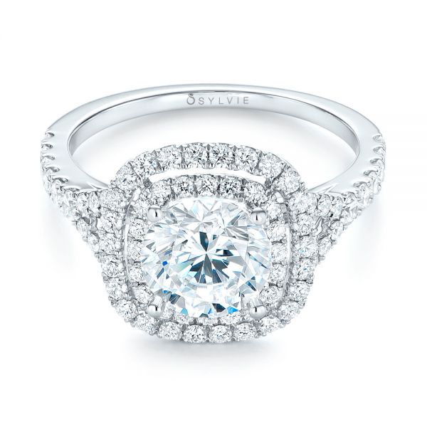 18k White Gold Double Halo Diamond Engagement Ring - Flat View - 103061