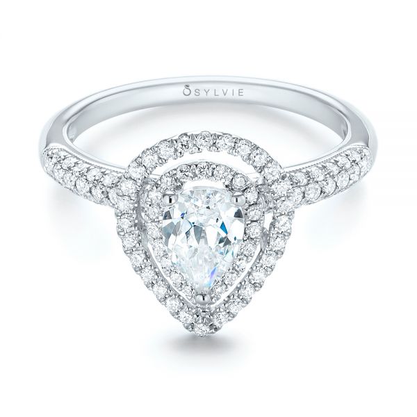 18k White Gold Double Halo Diamond Engagement Ring - Flat View - 103091