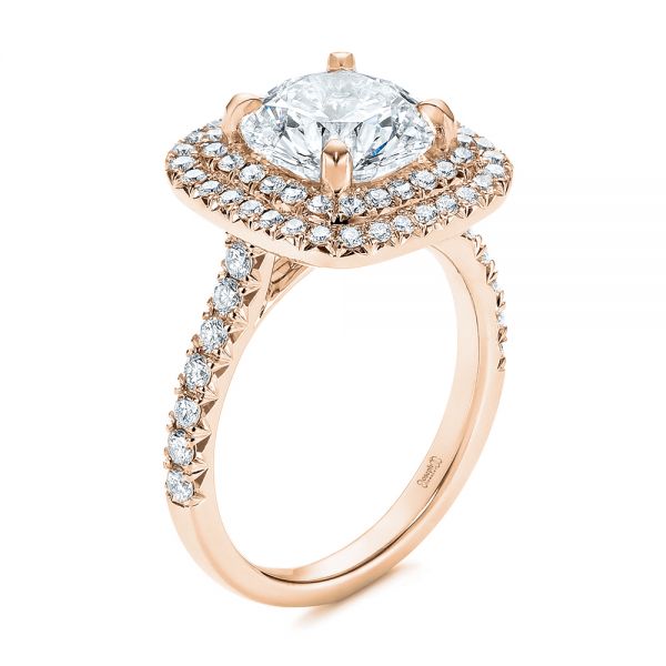 18k Rose Gold 18k Rose Gold Double Halo French Cut Diamond Engagement Ring - Three-Quarter View -  105985