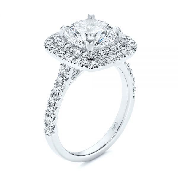 18k White Gold Double Halo French Cut Diamond Engagement Ring - Three-Quarter View -  105985