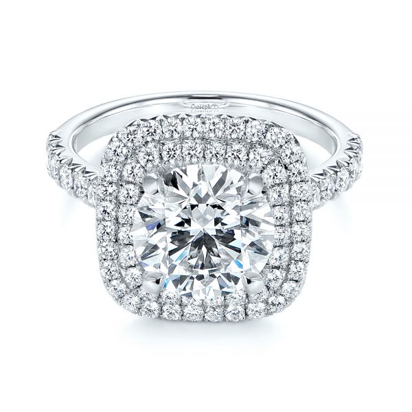 18k White Gold Double Halo French Cut Diamond Engagement Ring - Flat View -  105985