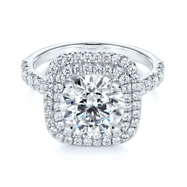 18k White Gold Double Halo French Cut Diamond Engagement Ring - Flat View - 105985