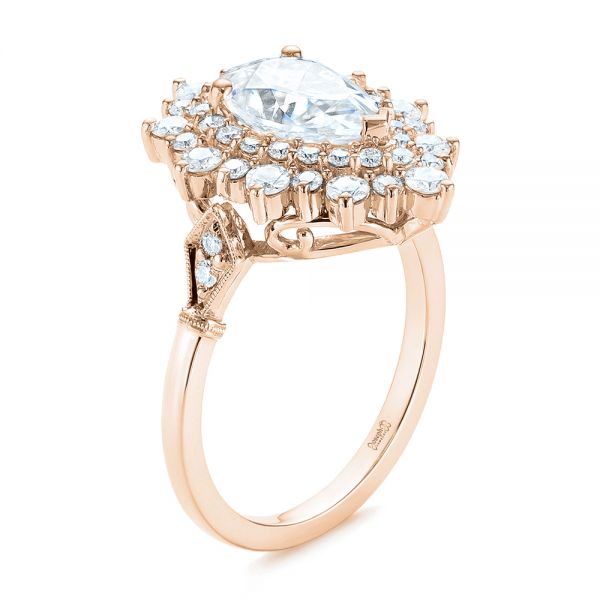 18k Rose Gold 18k Rose Gold Double Halo Pear Moissanite Engagement Ring - Three-Quarter View -  105108