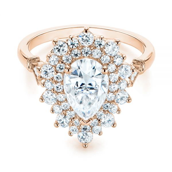 18k Rose Gold 18k Rose Gold Double Halo Pear Moissanite Engagement Ring - Flat View - 105108