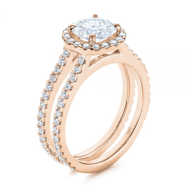 18k Rose Gold 18k Rose Gold Dual Shank Interlocking Moissanite Halo Engagement Ring - Three-Quarter View -  105720