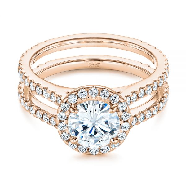 18k Rose Gold 18k Rose Gold Dual Shank Interlocking Moissanite Halo Engagement Ring - Flat View -  105720