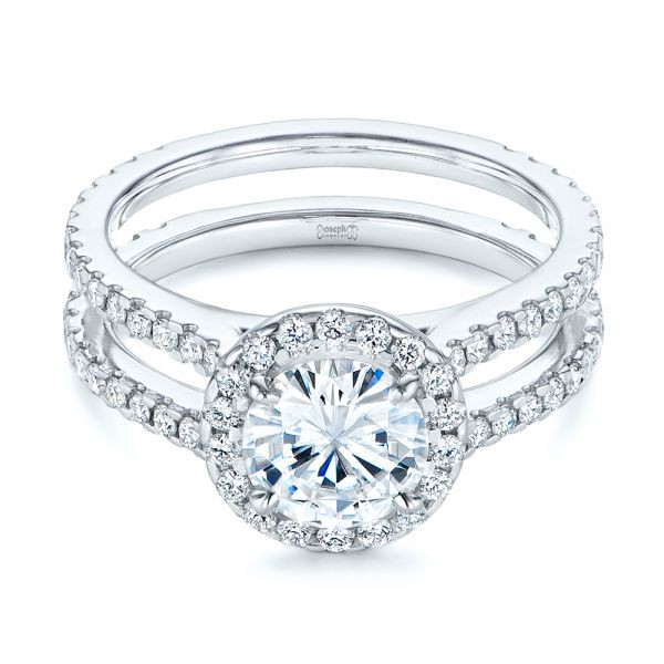 14k White Gold Dual Shank Interlocking Moissanite Halo Engagement Ring - Flat View - 105720