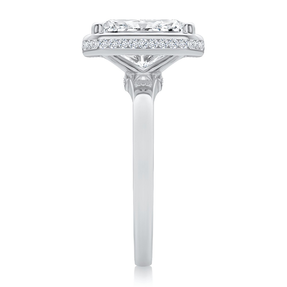  Platinum Platinum Elongated Cushion Cut Diamond and Hidden Halo Engagement Ring - Side View -  108358 - Thumbnail