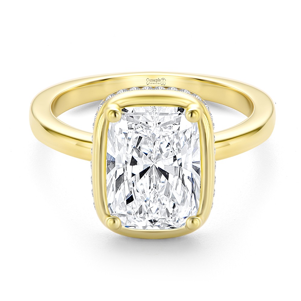 14k Yellow Gold Elongated Cushion Cut Diamond and Hidden Halo Engagement Ring - Flat View -  108358 - Thumbnail