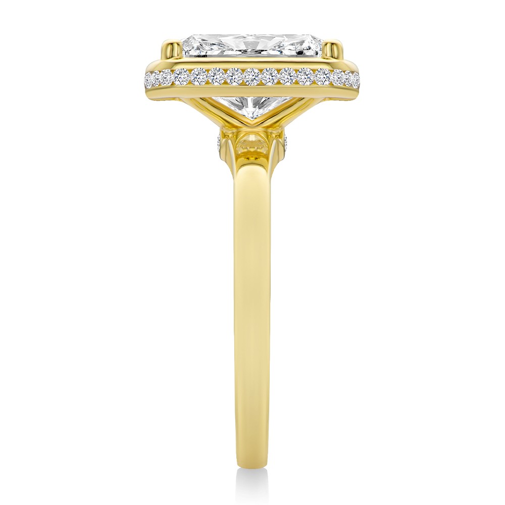 14k Yellow Gold Elongated Cushion Cut Diamond and Hidden Halo Engagement Ring - Side View -  108358 - Thumbnail