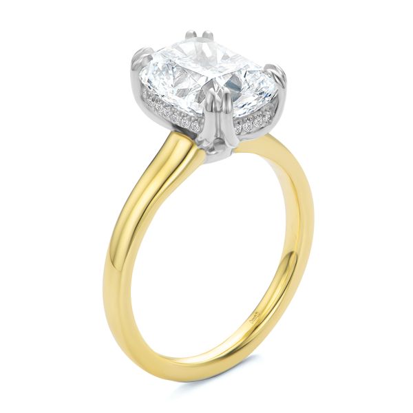 14k Yellow Gold And Platinum Elongated Cushion Cut And Hidden Halo Diamond Engagement Ring - Three-Quarter View -  108328
