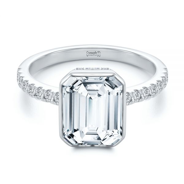 Platinum Platinum Emerald Cut Diamond Bezel Engagement Ring With Diamond Accents - Flat View - 107655