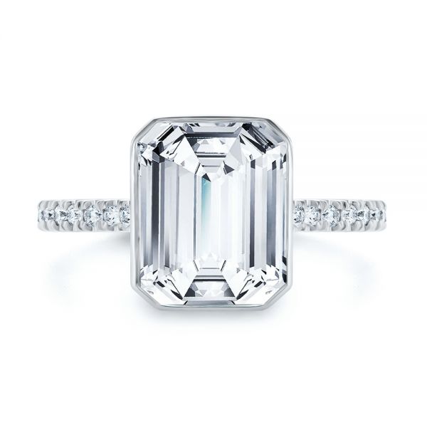 Platinum Platinum Emerald Cut Diamond Bezel Engagement Ring With Diamond Accents - Top View - 107655