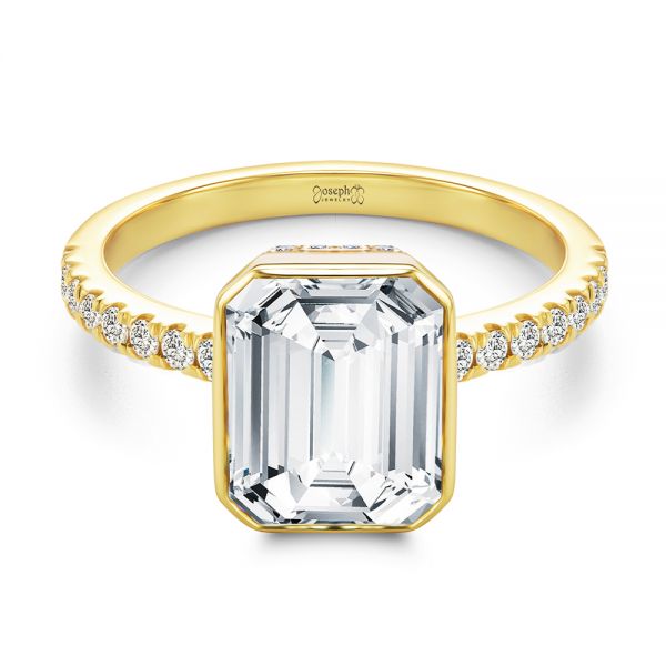 14k Yellow Gold Emerald Cut Diamond Bezel Engagement Ring With Diamond Accents - Flat View - 107655