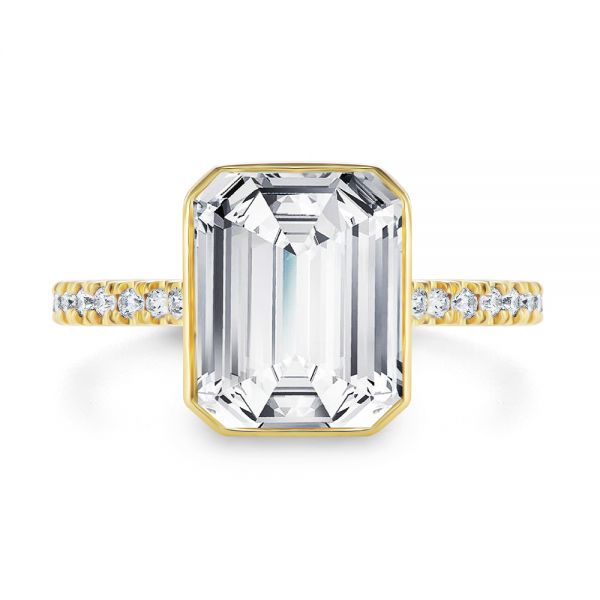 14k Yellow Gold Emerald Cut Diamond Bezel Engagement Ring With Diamond Accents - Top View - 107655