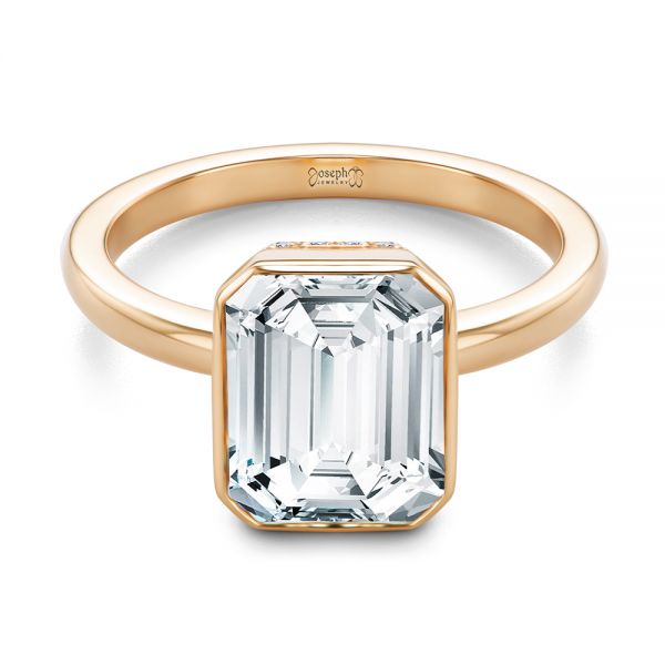18k Rose Gold 18k Rose Gold Emerald Cut Diamond Bezel Engagement Ring With Hidden Halo - Flat View - 107656