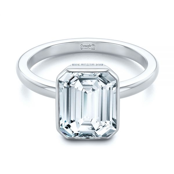 14k White Gold 14k White Gold Emerald Cut Diamond Bezel Engagement Ring With Hidden Halo - Flat View - 107656