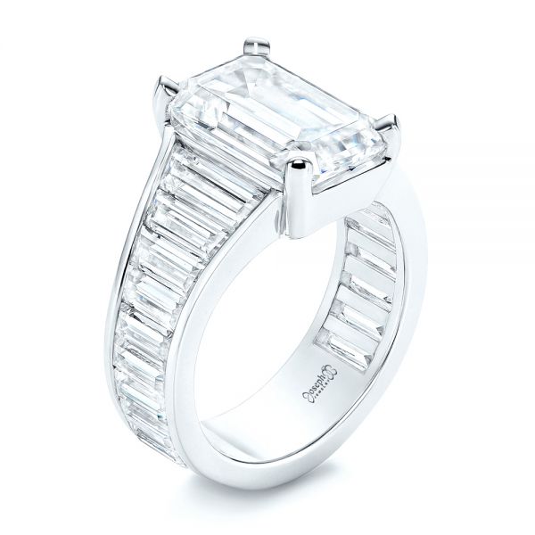 18k White Gold Emerald Cut And Trapezoid Engagement Ring - Three-Quarter View -  106853