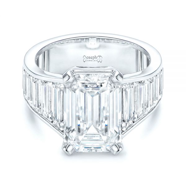 18k White Gold Emerald Cut And Trapezoid Engagement Ring - Flat View - 106853