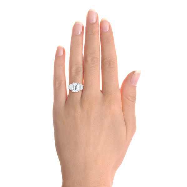 18k White Gold Emerald Cut And Trapezoid Engagement Ring - Hand View -  106853 - Thumbnail
