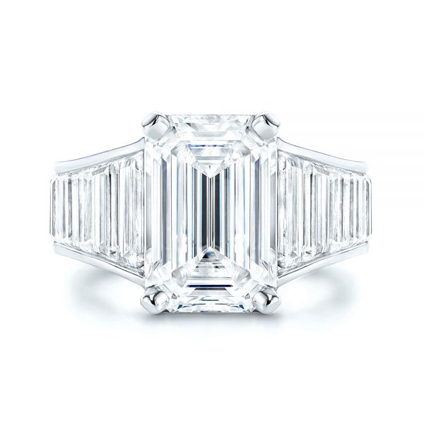 18k White Gold Emerald Cut And Trapezoid Engagement Ring - Top View -  106853 - Thumbnail