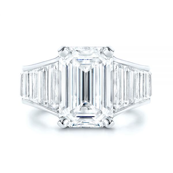 18k White Gold Emerald Cut And Trapezoid Engagement Ring - Top View - 106853