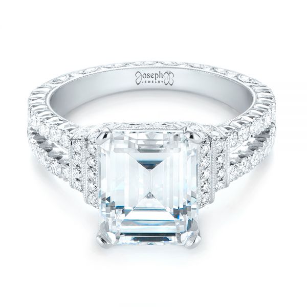 18k White Gold Emerald Diamond Engagement Ring - Flat View -  103715