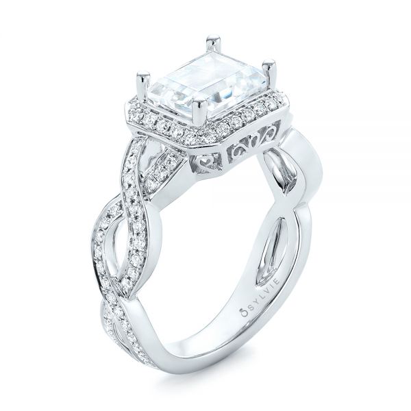 14k White Gold Emerald Halo Diamond Engagement Ring - Three-Quarter View -  103995