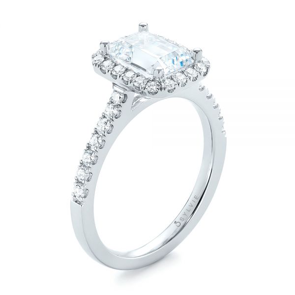 14k White Gold Emerald Halo Diamond Engagement Ring - Three-Quarter View -  103997