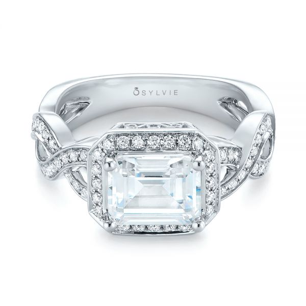 14k White Gold Emerald Halo Diamond Engagement Ring - Flat View -  103995