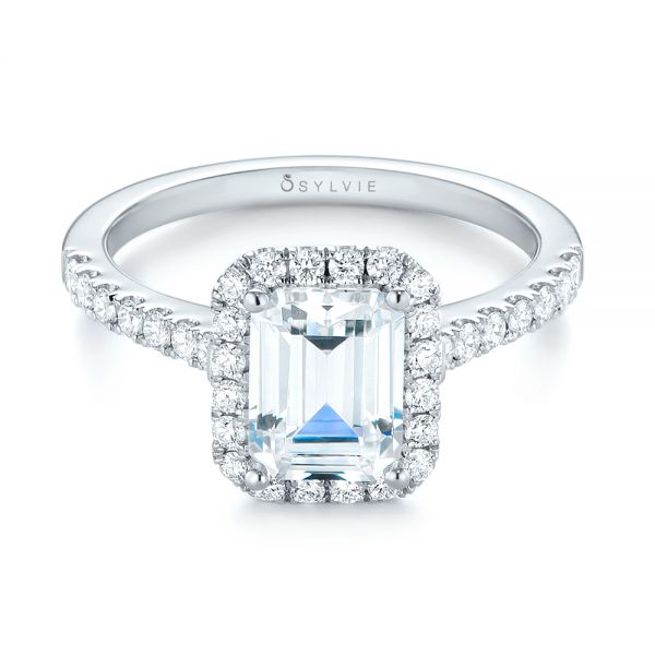 14k White Gold Emerald Halo Diamond Engagement Ring - Flat View -  103997