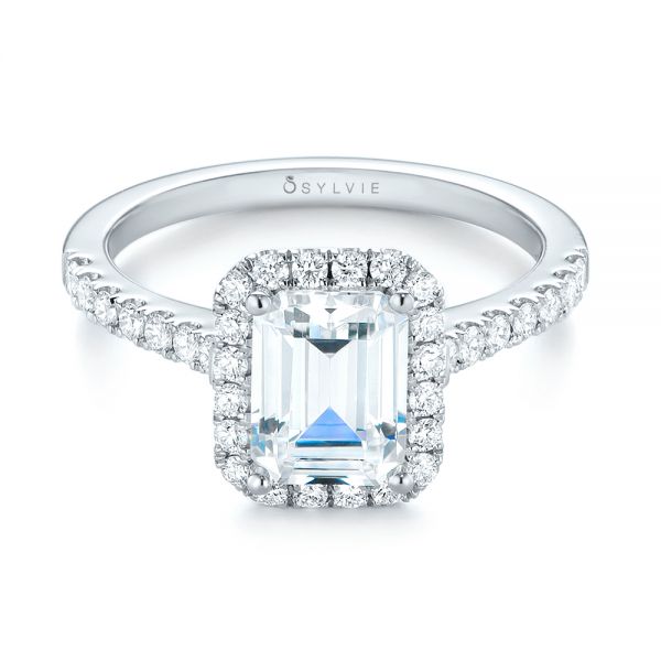 14k White Gold Emerald Halo Diamond Engagement Ring - Flat View - 103997