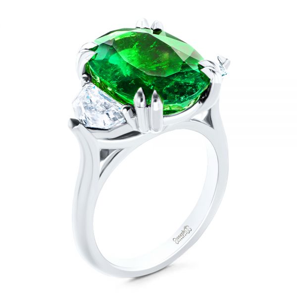 14k White Gold 14k White Gold Emerald Three Stone Engagement Ring - Three-Quarter View -  107447