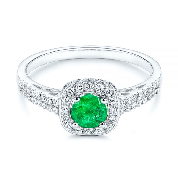 14k White Gold Emerald And Diamond Peekaboo Engagement Ring - Flat View -  106018 - Thumbnail