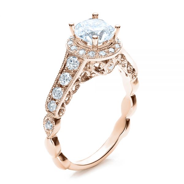 18k Rose Gold 18k Rose Gold Engagement Ring Tapered Diamond Side Stones - Vanna K - Three-Quarter View -  100042